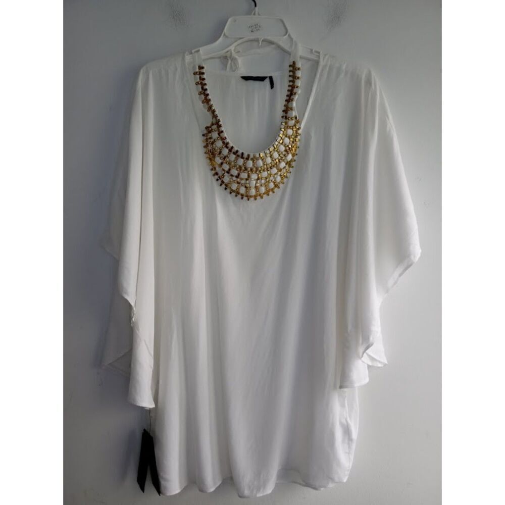 NWT Guess by Marciano Women White w/Gold Beading Kaftan Swim Cover Up XS/Small